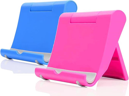 JUSDIQIR Cell Phone Stand for Desk 2 Pack Mobile Phone Holders Desktop Tablet Stand, Foldable Phone Dock Universal Adjustable Tablet Stand for Desk Compatible with Cell Phone Support (Blue+Pink)