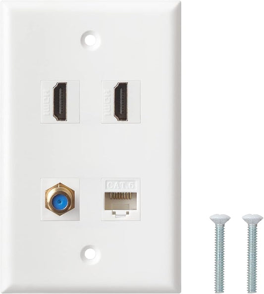 HDMI Coax Ethernet Wall Plate, 2 Port 4K HDMI Keystone, 1 Port Coax Keystone, 1 Port CAT6 Keystone Wall Plate