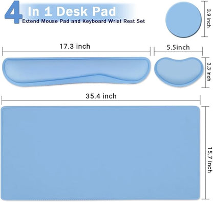 Large Keyboard Mouse Pad Set, Extended Mouse Pad+Keyboard Wrist Rest Support, Memory Foam Ergonomic Easy Typing, 4Pcs (35.4×15.14 in) Desk Pad Set for Home Office Study Game - Blue