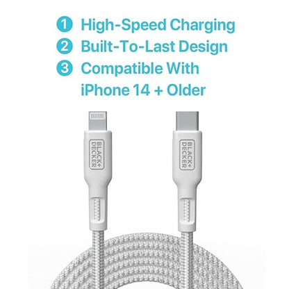 BLACK+DECKER USB C to Lightning Cable - Fast Compatible iPhone Lightning Cable - Durable Braided Type C iPhone Charger Cord - for Travel and Daily Use - Multiple Colors and Lengths - 9ft