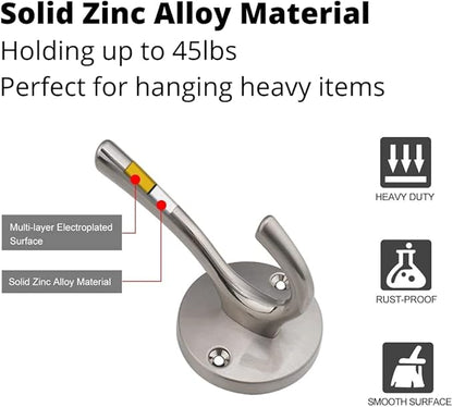 4 Pack Brushed Nickel Coat Hooks - Silver Robe & Towel Hooks for Bathrooms & Kitchen
