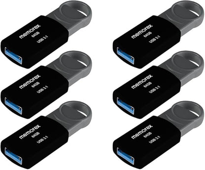 64GB Memorex USB 3.1 Flash Drive – Transfer Speeds Up to 10x Faster Than USB 2.0, Latest USB 3.1 Gen 1 Technology, Lightweight Design, for Daily File Management, Type-A Connector, 6-Pack