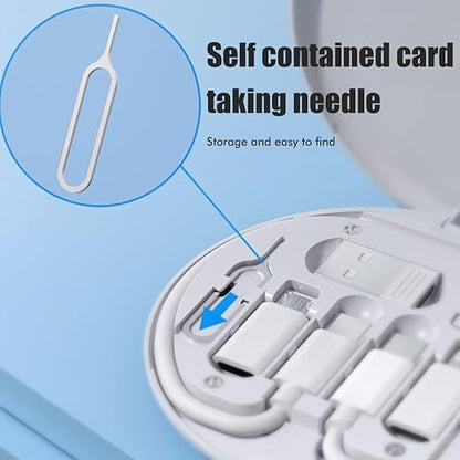 Multifunctional Data Cable Conversion Head Portable Storage Box, Multi-Type Charging Line Convertor USB Type C Adapter Tool Contains Sim Card Slot Tray Eject Pin, Phone Holder (White)