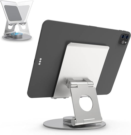 KABCON Swivel Tablet Stand, Aluminum Portable 360°Rotating Holder for Desk,Business,Kitchen,Desktop,Table Stand for iPad Pro 9.7,10.5,12.9/Air Mini,Tab,Fire,Nexus,E-Reader-Silver