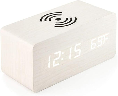 OCT17 Alarm Clock with Qi Wireless Charging Pad Compatible with iPhone Samsung Wood LED Digital Clock Sound Control Function, Time Date, Temperature Display for Bedroom Office Home - White