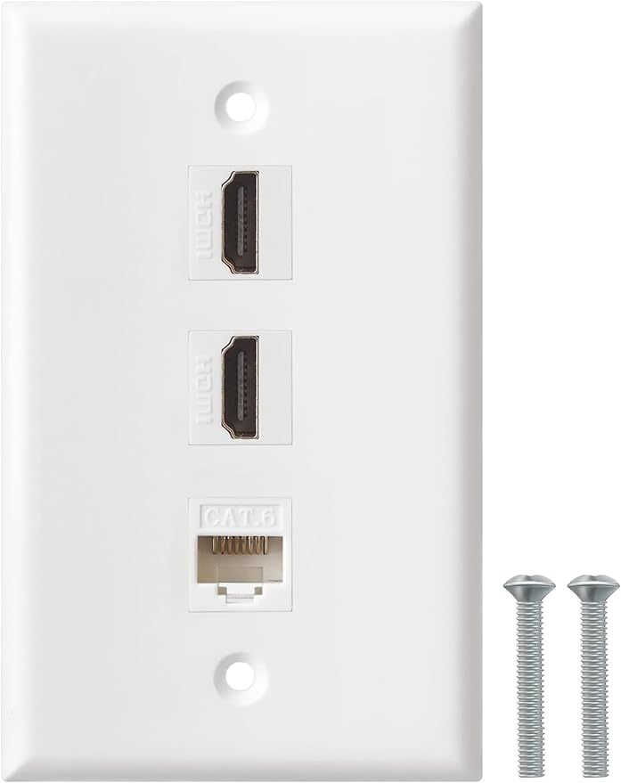 HDMI Ethernet Wall Plate - 2 Port 4K HDMI Keystone, 1 Port Cat6 Keystone Wall Plate Female to Female-White