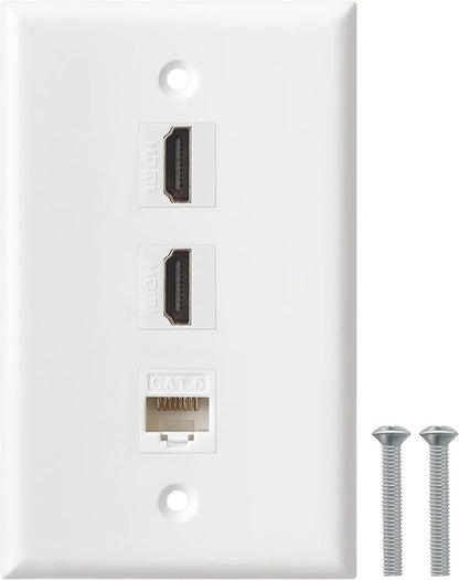 HDMI Ethernet Wall Plate - 2 Port 4K HDMI Keystone, 1 Port Cat6 Keystone Wall Plate Female to Female-White
