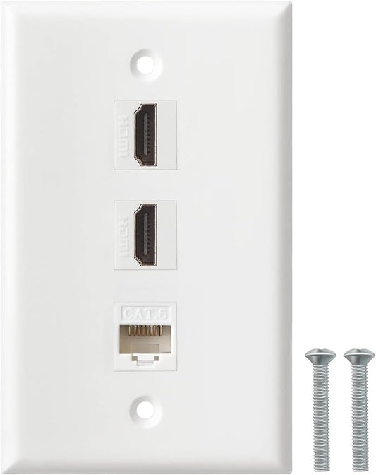 HDMI Ethernet Wall Plate - 2 Port 4K HDMI Keystone, 1 Port Cat6 Keystone Wall Plate Female to Female-White