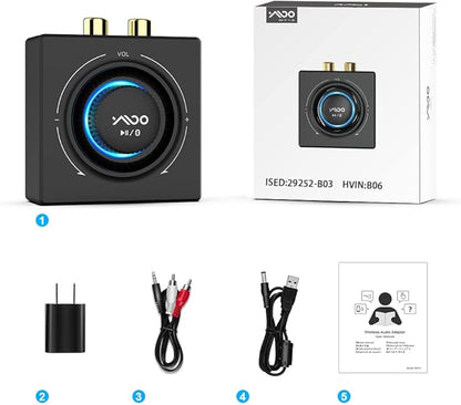 YMOO B06T3 Bluetooth 5.3 Receiver, 100ft RCA Bluetooth Audio Adapter for 3.5mm Jack AUX HiFi Home Stereo/Speaker from Smartphone/Tablet/Laptop,Dual Link for Two Speakers,SBC AAC Audio