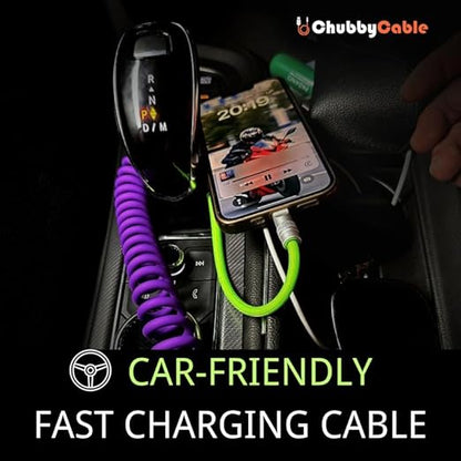 chubbycable Colorblock Chubby - Spring Braided Silicone Charge Cable Coiled USB C Cable Fast Charging Type C Charger Cord for Car, Orange+Green, USB-A to Type-C, 2.29FT-3.6FT