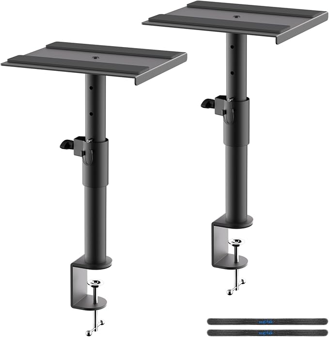 suptek Clamp-on Speaker Stand Desk Mount Set, Height Adjustment, Swivel, 9.6 x 8.8 inch Trays, Universal Audio Holders for Computer and Bookshelf Speakers, Elevated Sound, 2 Pack, Black, SDM001G