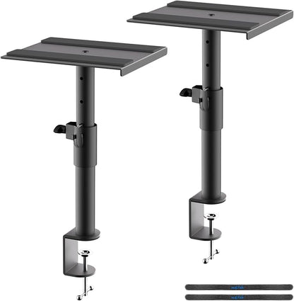suptek Clamp-on Speaker Stand Desk Mount Set, Height Adjustment, Swivel, 9.6 x 8.8 inch Trays, Universal Audio Holders for Computer and Bookshelf Speakers, Elevated Sound, 2 Pack, Black, SDM001G