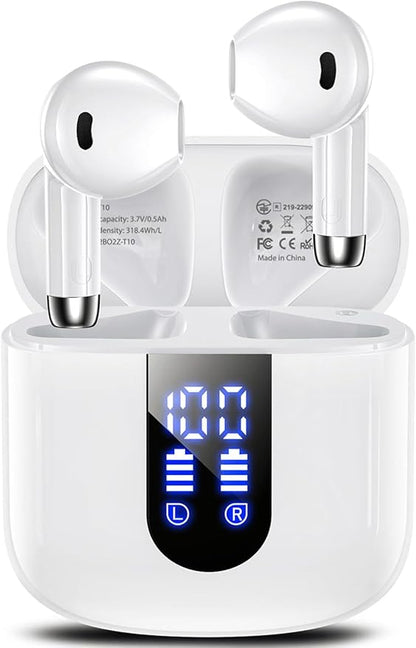 Wireless Earbuds, Bluetooth Headphones with Deep Bass Stereo, 48H Playback Ear Buds with LED Power Display Charging Case，Lightweight, IPX7, in-Ear Earphones with Mic for for Phone Tablet Laptop, White