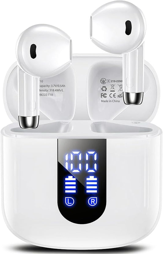 Wireless Earbuds, Bluetooth Headphones with Deep Bass Stereo, 48H Playback Ear Buds with LED Power Display Charging Case，Lightweight, IPX7, in-Ear Earphones with Mic for for Phone Tablet Laptop, White