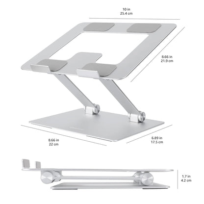 Amazon Basics Sturdy and Portable Ergonomic Laptop Stand for Desk, Height Adjustable Riser with Ventilated Cooling, Foldable, Fits all Laptops up to 15.6 Inch, Silver