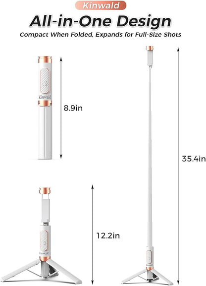 Selfie Stick Tripod for iPhone & Android, Portable Phone Tripod Stand with Bluetooth Remote, One-Click Open, Compact & Lightweight, All-in-1 for Vlog/Travel/Photography (White)
