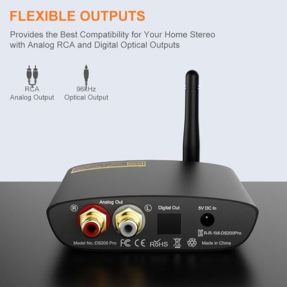 1Mii HiFi Bluetooth 5.3 Music Receiver for Home Stereo with LDAC, Bluetooth Audio Adapter with Audiophile DAC aptX HD, RCA Optical Output for AV Receiver or Stereo Amplifier - DS200Pro