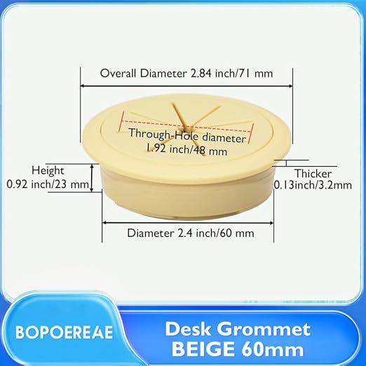 Desk Grommet 2-3/8" (60 mm), Desk Hole Cover for Cables Beige, Cable Grommet ABS Plastic, Desk Hole Grommet for Office and Home Table Cable, Detachable & Flexible Cable Cord Organizer-2 Pcs