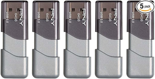 PNY 64GB Turbo Attaché 3 USB 3.0 Flash Drive, Silver (Pack of 5)