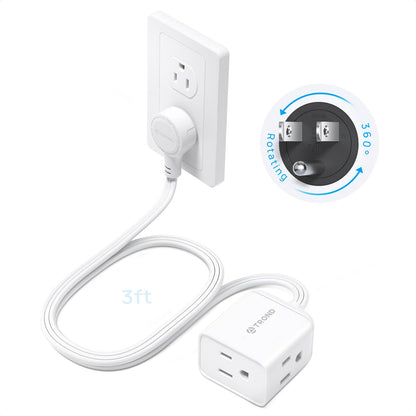 TROND Rotating Flat Plug Short Extension Cord 3ft, 3 AC, ETL Listed, White