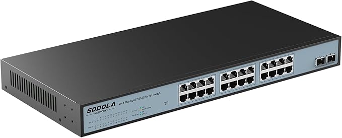 SODOLA 24 Port 2.5G Smart Web Managed Switch,24 x 2.5G Base-T Ports, 2 x 10G SFP+, Link Aggregation/QoS/VLAN/IGMP, 1U Mounted Multi-Gigabit Network Switch