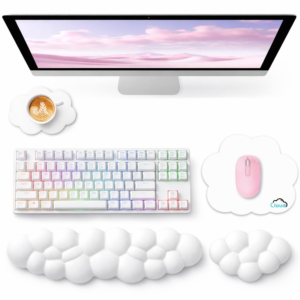 Sushret Cloud Wrist Rest for Computer Keyboard and Mouse Pad Set, Pink