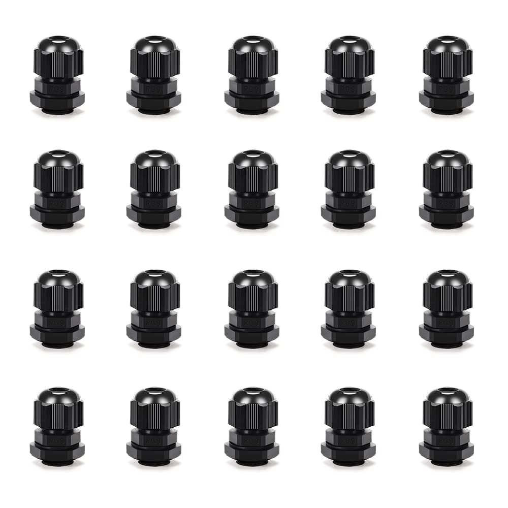 CGELE Cable Gland 20 Pack Plastic Waterproof Adjustable Connector 6-12mm PG13.5 Strain Relief Cord Connectors Joints Nylon with Gaskets