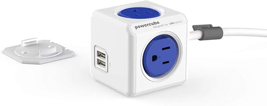 Power Strip Allocacoc PowerCube Extended USB 4 Outlets 2 USB 5ft Surge Protector Outlets Multiplier 15A 125V 1875W 14 AWG Heavy Duty Mounting Dock Travel Home Office Dorm Workspace Compact, ETL (BLUE)