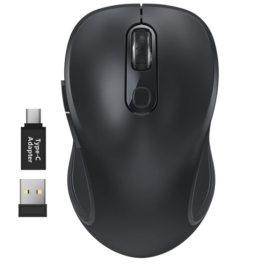 WisFox 2.4G Wireless Mouse for Laptop, Ergonomic Computer Mouse with USB Receiver and Type-C Adapter, 3 Adjustable Levels, 6 Button Cordless Wireless Mice for Windows Mac PC Notebook (Black)