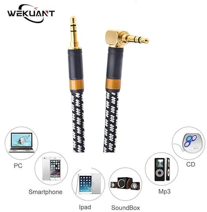 Wekuant Aux Cord, Audiophile 3.5mm Stereo Audio Cable [1m (3.2Feet), Silvered-Plated Copper core, Right Angle] Unbreakable and Great for Laptop, Tablets, Headphones, Cars and More.