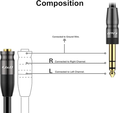J&D 1/4 inch to 3.5mm Headphone Adapter, Heavy Duty Copper Shell Connecter Joint 3.5mm 1/8 inch Female TRS to 6.35mm Male TRS Stereo Audio Extension Cable (6 Feet 10 Pack)