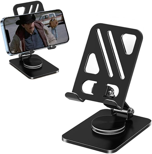 YZLELEQ Adjustable Phone Stand with 360 Rotating Base Portable Foldable Carbon Steel Material Desktop Cellphone Stand Fits All Smart Phones-Black