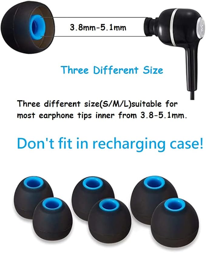 Earbuds Replacement Tips Silicone Earbud Tips Ear Gels Fit for Inner Hole from 3.8mm - 5.1mm Earphones 9 Pairs S/M/L Black-Blue