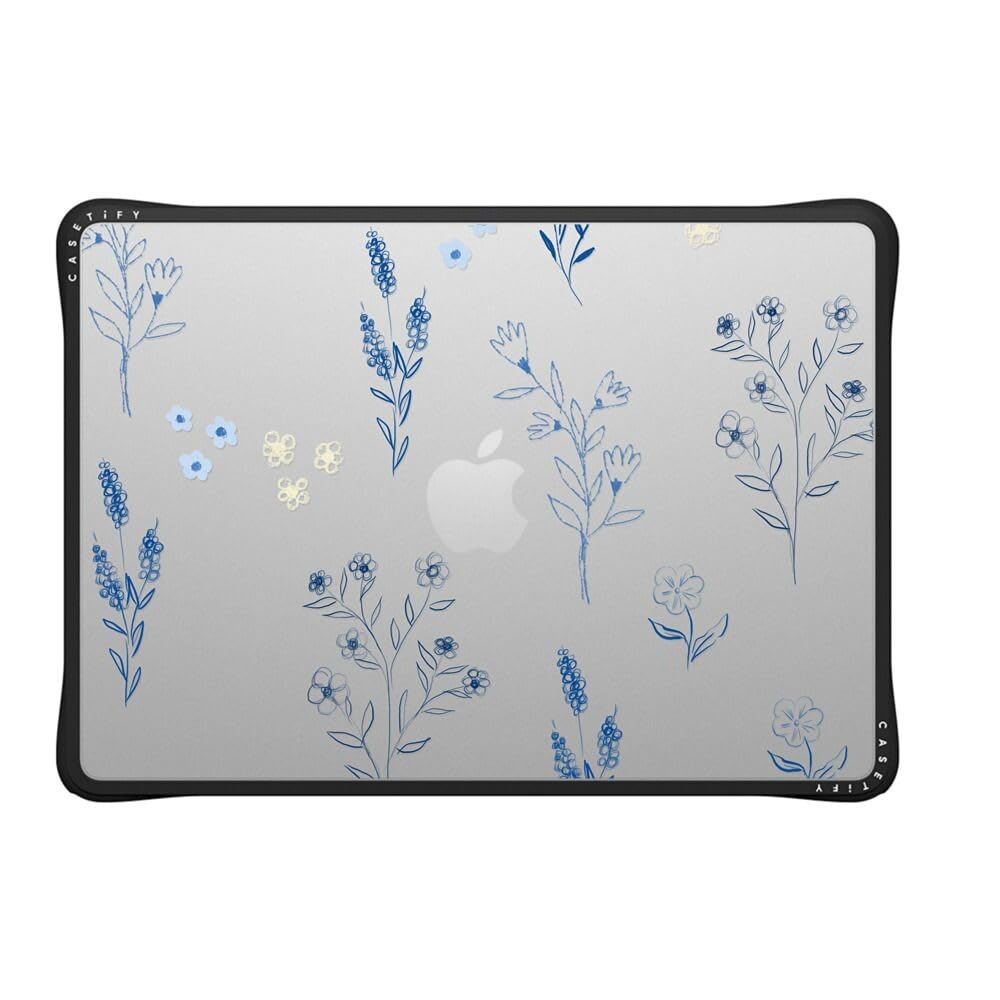 CASETiFY Impact MacBook Air 13.6" (M2-M5) Case [Cushioned Impact Corners/Scratch-Resistant/Anti-Slip Grip] - Small Blue Flowers - Clear Black