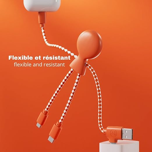 Multi USB Cable 4 in 1 - Universal Charger Made from Recycled Plastic - USB, USB-C, Lighting, Micro USB Ports - Compatible with All Smartphones Mr Bio Blue Octopus (Orange)