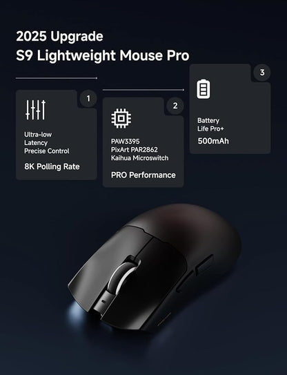 S9 Pro Wireless Gaming Mouse, 59G Ergonomic Computer Mouse, Triple Modes, 8K Polling, 26K DPI, PAW3395 Optical Sensor, Kailh Switch, 250h Battery Life, Programmable for PC/Win/Mac(Black)