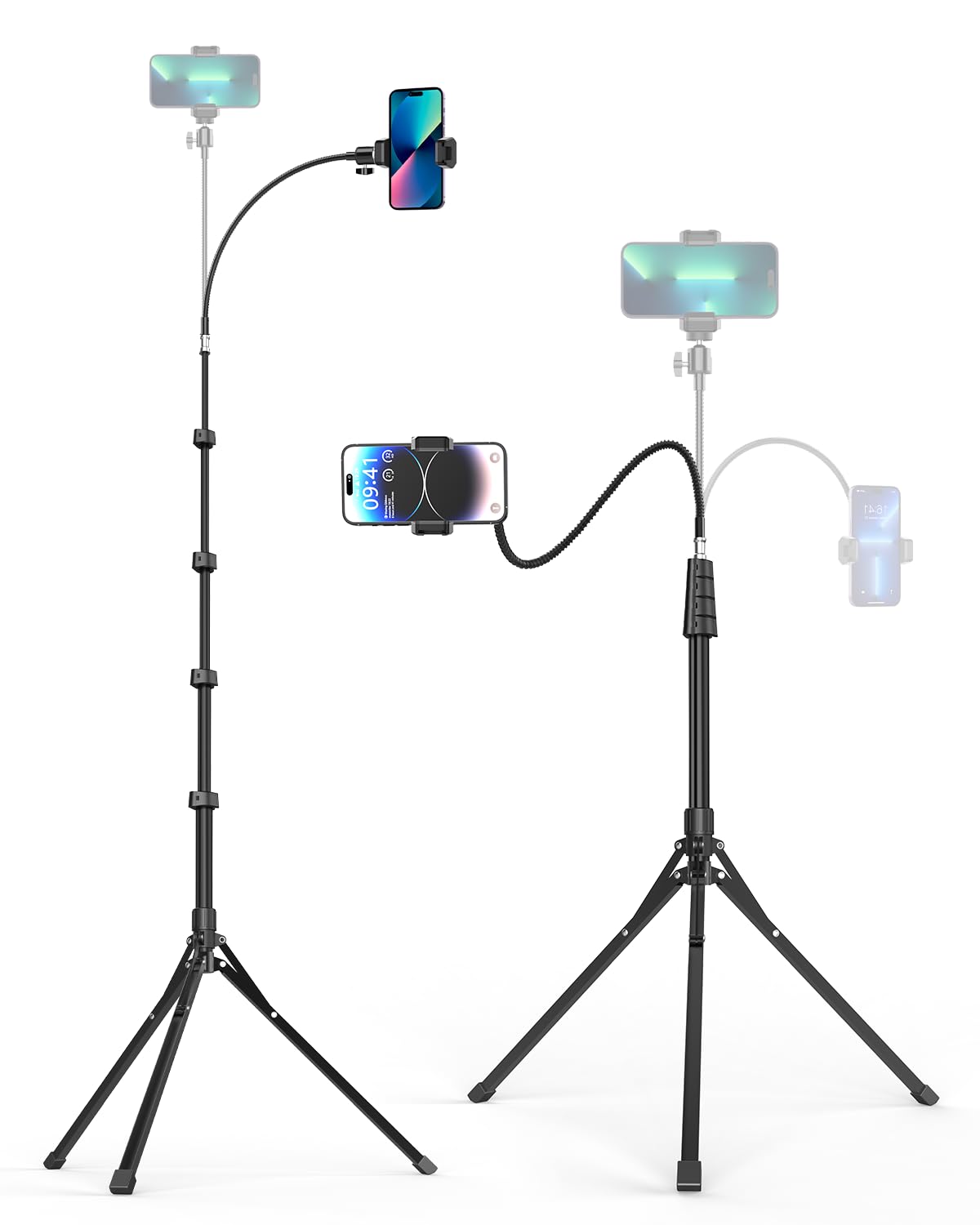 Aureday Phone Tripod, 92" Cell Phone Stand with 15" Gooseneck, Remote and Phone Holder, Overhead & Selfie Stick for Recording/Watching/Vlog, Compatible with iPhone Android, Pink