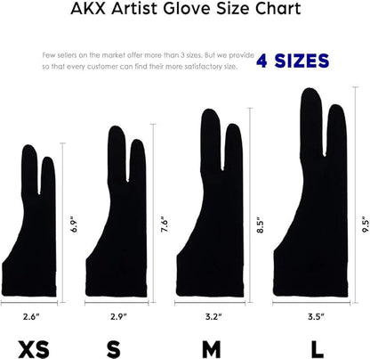 AKX Artist Glove, Palm Rejection Drawing Glove for Graphic Tablet, iPad - Smudge Guard, 2-Finger, Good for Left and Right Hand (Black, Large, 2 Pack)