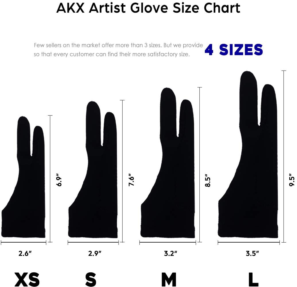 AKX Artist Glove, Palm Rejection Drawing Glove for Graphic Tablet, iPad - Smudge Guard, 2-Finger, Good for Left and Right Hand (Black, Large, 2 Pack)