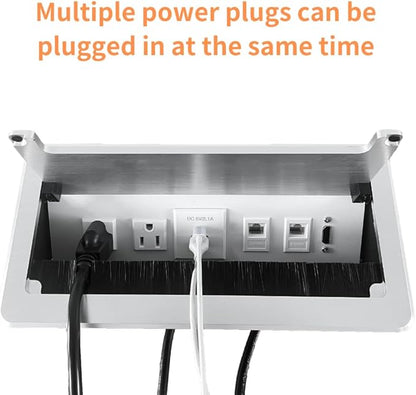 ZESHAN Conference Table Power hub Conference Table connectivity Box with 45 Degree Angle Convenient Plug-in Socket, Power Fully Enclosed Bottom Box Power Socket, USB, Type C, HDMI, RJ45, Silver