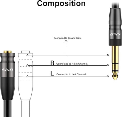 J&D 1/4 inch to 3.5mm Headphone Adapter, Heavy Duty Copper Shell Connecter Joint 3.5mm 1/8 inch Female TRS to 6.35mm Male TRS Stereo Audio Extension Cable, 9 Feet