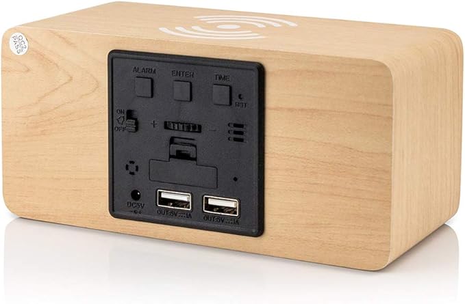 OCT17 Alarm Clock with Qi Wireless Charging Pad Compatible with iPhone Samsung Wood LED Digital Clock Sound Control Function, Time Date, Temperature Display for Bedroom Office Home - Wood