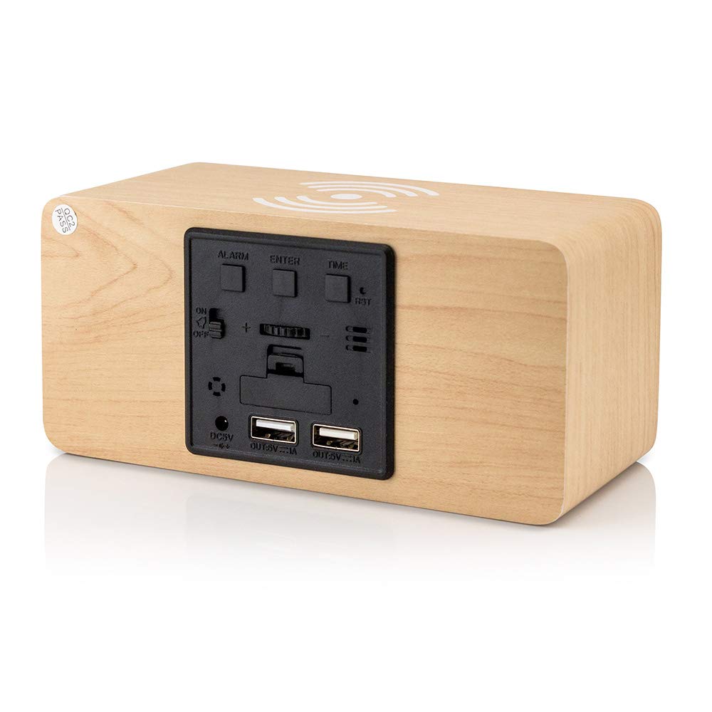 OCT17 Alarm Clock with Qi Wireless Charging Pad Compatible with iPhone Samsung Wood LED Digital Clock Sound Control Function, Time Date, Temperature Display for Bedroom Office Home - Wood