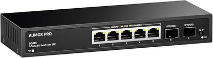 7 Port 2.5Gb Unmanaged Ethernet Switch with 5* 2.5G Base-T Ports, 2*10G SFP Ports, AUMOX PRO 65 Gbps Vlan Switching Capacity Compatible with 100/1000/2500Mbps Plug and Play