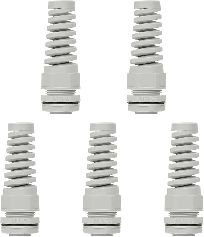 LeMotech 5Pcs NPT 3/4" IP68 Waterproof Cable Gland Flex Spiral Strain Relief Grey Nylon Joint with Gaskets for 13-18mm Wire Thread