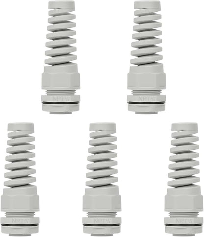 LeMotech 5Pcs NPT 3/4" IP68 Waterproof Cable Gland Flex Spiral Strain Relief Grey Nylon Joint with Gaskets for 13-18mm Wire Thread