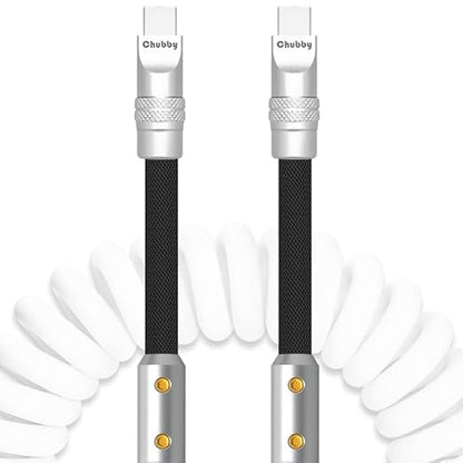 Chubbycable Colorblock Chubby - Spring Braided Silicone Charge Cable Coiled USB C 2.29FT-3.6FT White+Black Type-C to Type-C Cord for Car, Fast Charging