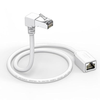 Right Angle Ethernet Extension Cable Down Angle1.5ft-White, 90 Degree CAT6 Ethernet Patch Cable RJ45 LAN Cable Extender Male to Female Connector for Router Modem Smart TV PC Computer Laptop