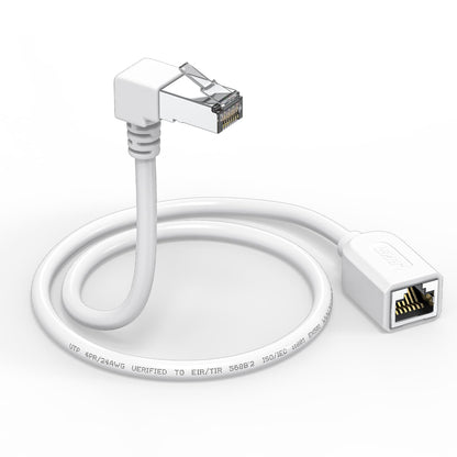 JUXINICE Right Angle Ethernet Extension Cable Down Angle1.5ft-White, 90 Degree CAT6 Ethernet Patch Cable RJ45 LAN Cable Extender Male to Female Connector for Router Modem Smart TV PC Computer Laptop