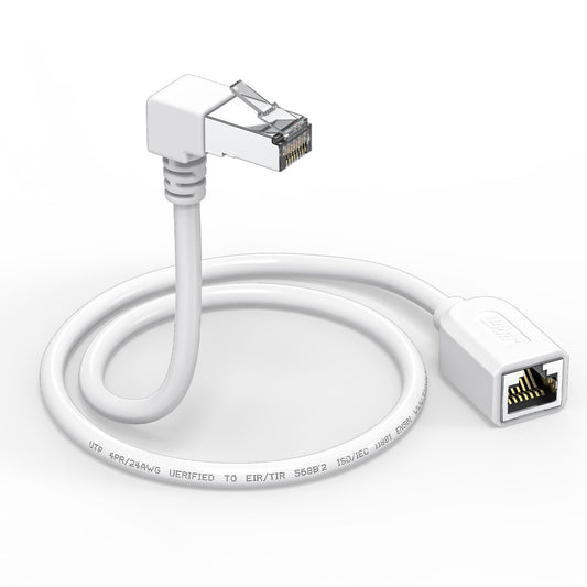 JUXINICE Right Angle Ethernet Extension Cable Down Angle1.5ft-White, 90 Degree CAT6 Ethernet Patch Cable RJ45 LAN Cable Extender Male to Female Connector for Router Modem Smart TV PC Computer Laptop